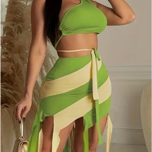 Sexy Color Block Two-piece Set, Backless One Shoulder